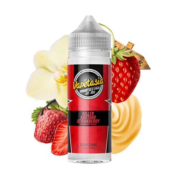 Le e liquide Killer Kustard Strawberry de Vapetasia est une délicieuse crème vanille custard accompagnée de sa belle fraise, aussi onctueuse que sucrée.