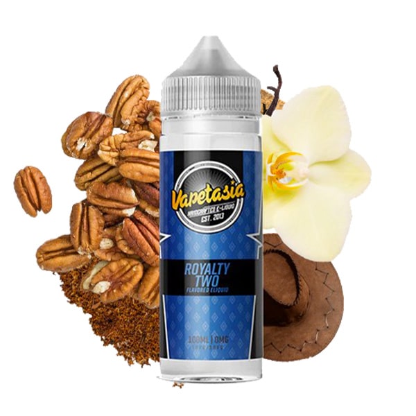 Le e liquide Killer Kustard Royalty II de Vapetasia est une délicieuse crème vanille custard accompagnée de noix de pécan et de tabac blond.