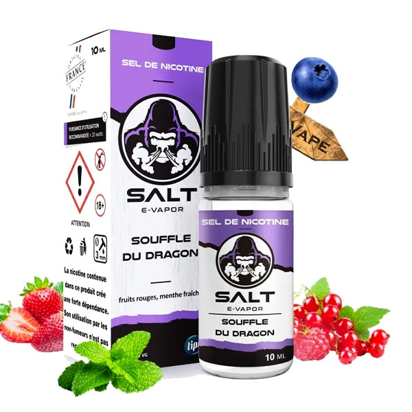 Le e liquide Souffle du Dragon Salt est une sélection de fruits rouges avec le cassis contraster par une menthe fraîche harmonieusement dosée. La rencontre de la glace et du feu vous laissera une sensation intense et inoubliable en bouche.