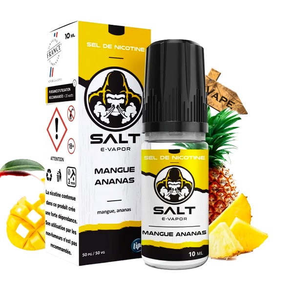 Le e liquide Mangue Ananas Salt de chez French Liquide est délicatement équilibré pour une restitution exceptionnelle de saveurs exotiques : une mangue bien mûre et pleine de sucrosité à laquelle viennent se mêler les notes toniques de l'ananas.