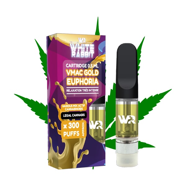 Cartouche 510 VMAC Gold Euphoria de 0.5ml pour vapoter avec une batterie 510. Le VMAC Gold mélange HHCPO et THCP pour des effets puissants et rapides.