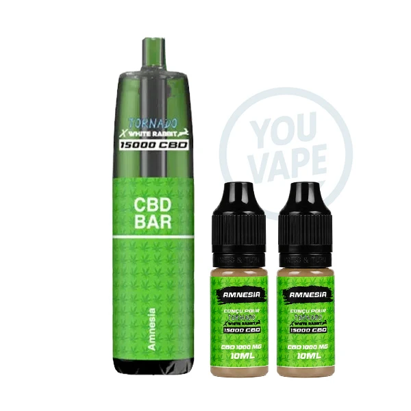 La Puff 15k Tornado CBD Amnesia est une puff rechargeable longue durée, livrée avec 20ml de eliquide CBD à la saveur citronnée de la variété Amnesia.