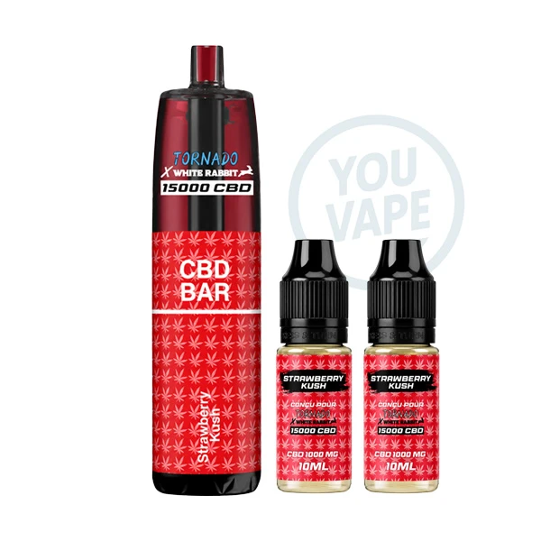 La Puff 15k Tornado CBD Strawberry Kush est une puff rechargeable longue durée, livrée avec 20ml de eliquide CBD aux saveurs d'herbes et de fraise.