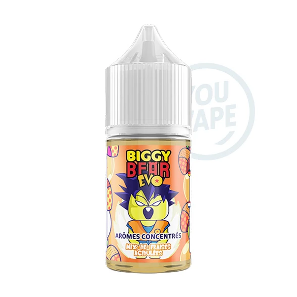 L'arôme concentré Mix Fraises Acidulées 30ml de la marque Biggy Bear Evo développe des saveurs à la fois sucrées et acide.