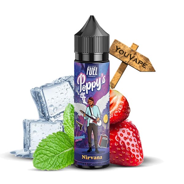 Le e liquide Nirvana par Poppy's est une symphonie type Rock n Roll avec des fraises pour des notes douces et sucrées, rythmées par une menthe verte et son souffle de fraîcheur vivifiant.