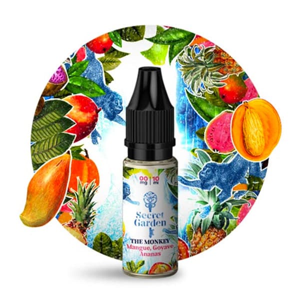 Le e-liquide The Monkey de Secret Garden vous transporte sous les tropiques pour savourer un cocktail rafraîchissant à base de mangue, de goyave et d'ananas, une expérience exotique inoubliable.