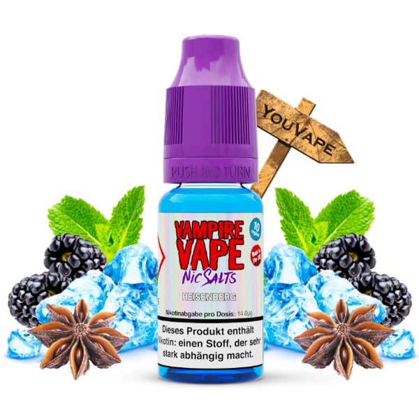 Le e liquide Heisenberg Nicsalts de Vampire Vape aux fruits rouges mentholé avec du cassis, de la myrtille, de la fraise, de la framboise et une pointe d'anis.