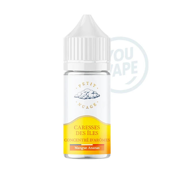 L'arôme concentré Caresses des Iles 30ml de la marque Petit Nuage est une délicieuse saveur de smoothie mangue ananas gorgé de soleil, ultra-désaltérant, doux et sucré.
