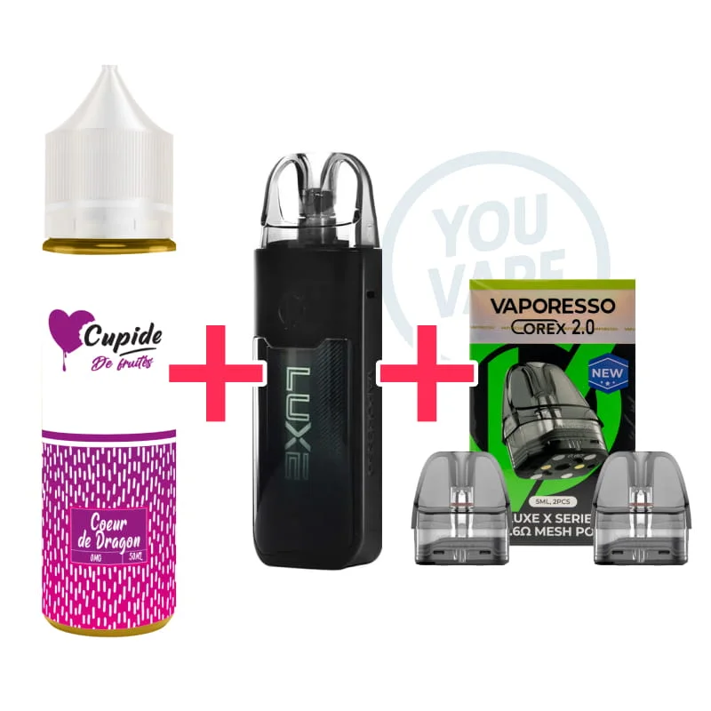 1 pod Vaporesso Luxe XR Max 1 Black + 1 e-liquide Cupide Coeur de Dragon 50ml + 1 pack de 2 cartouches 0.6 ohm