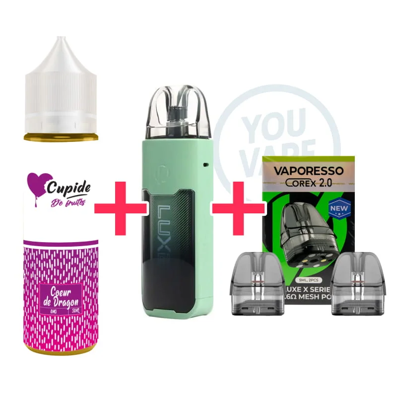 1 pod Vaporesso Luxe XR Max 1 Green + 1 e-liquide Cupide Coeur de Dragon 50ml + 1 pack de 2 cartouches 0.6 ohm