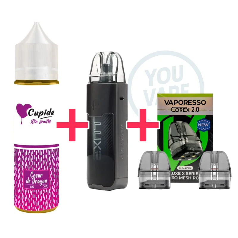 1 pod Vaporesso Luxe XR Max 1 Grey + 1 e-liquide Cupide Coeur de Dragon 50ml + 1 pack de 2 cartouches 0.6 ohm