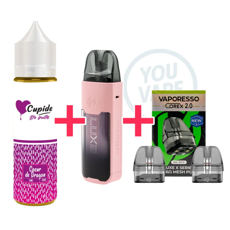 1 pod Vaporesso Luxe XR Max 1 Pink + 1 e-liquide Cupide Coeur de Dragon 50ml + 1 pack de 2 cartouches 0.6 ohm