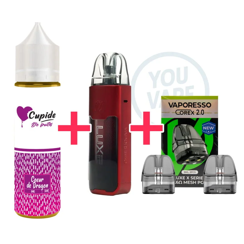 1 pod Vaporesso Luxe XR Max 1 Red + 1 e-liquide Cupide Coeur de Dragon 50ml + 1 pack de 2 cartouches 0.6 ohm