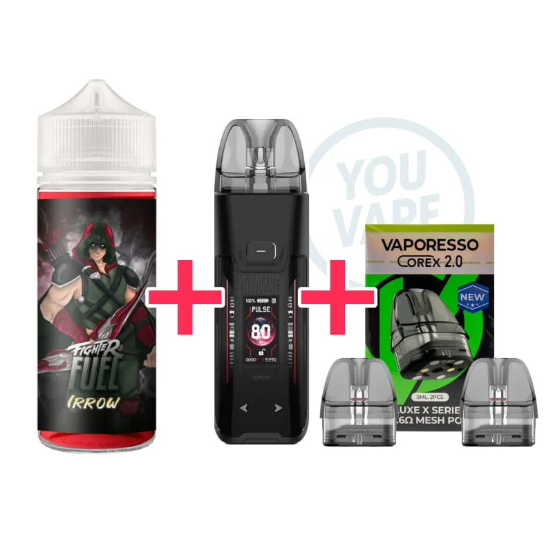 1 pod Vaporesso Luxe XR Max 2 Black + 1 e-liquide Fighter Fuel Irrow 100ml + 1 pack de 2 cartouches 0.6 ohm
