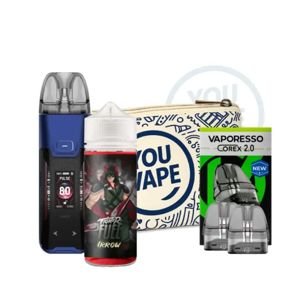 Lot du pack luxe XR max en couleur blue, avec un lot de 2 cartouches Luxe X mesh Dual en 0.60 ohm et un liquide 100ml Irrow