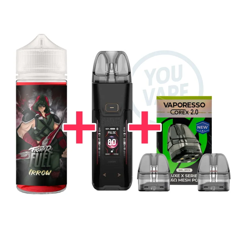 1 pod Vaporesso Luxe XR Max 2 Dark Black Leather + 1 e-liquide Fighter Fuel Irrow 100ml + 1 pack de 2 cartouches 0.6 ohm