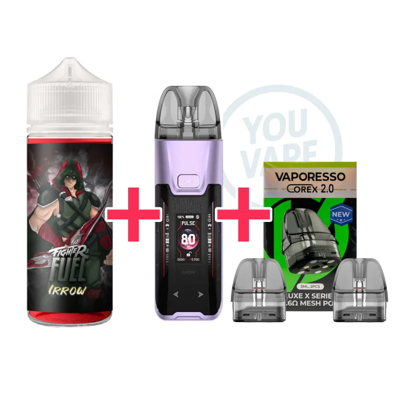 1 pod Vaporesso Luxe XR Max 2 Purple + 1 e-liquide Fighter Fuel Irrow 100ml + 1 pack de 2 cartouches 0.6 ohm