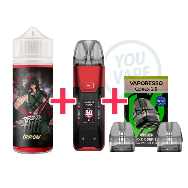 1 pod Vaporesso Luxe XR Max 2 Red + 1 e-liquide Fighter Fuel Irrow 100ml + 1 pack de 2 cartouches 0.6 ohm