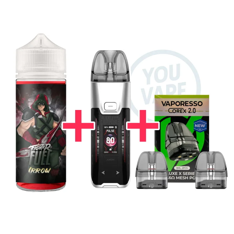 1 pod Vaporesso Luxe XR Max 2 Silver + 1 e-liquide Fighter Fuel Irrow 100ml + 1 pack de 2 cartouches 0.6 ohm