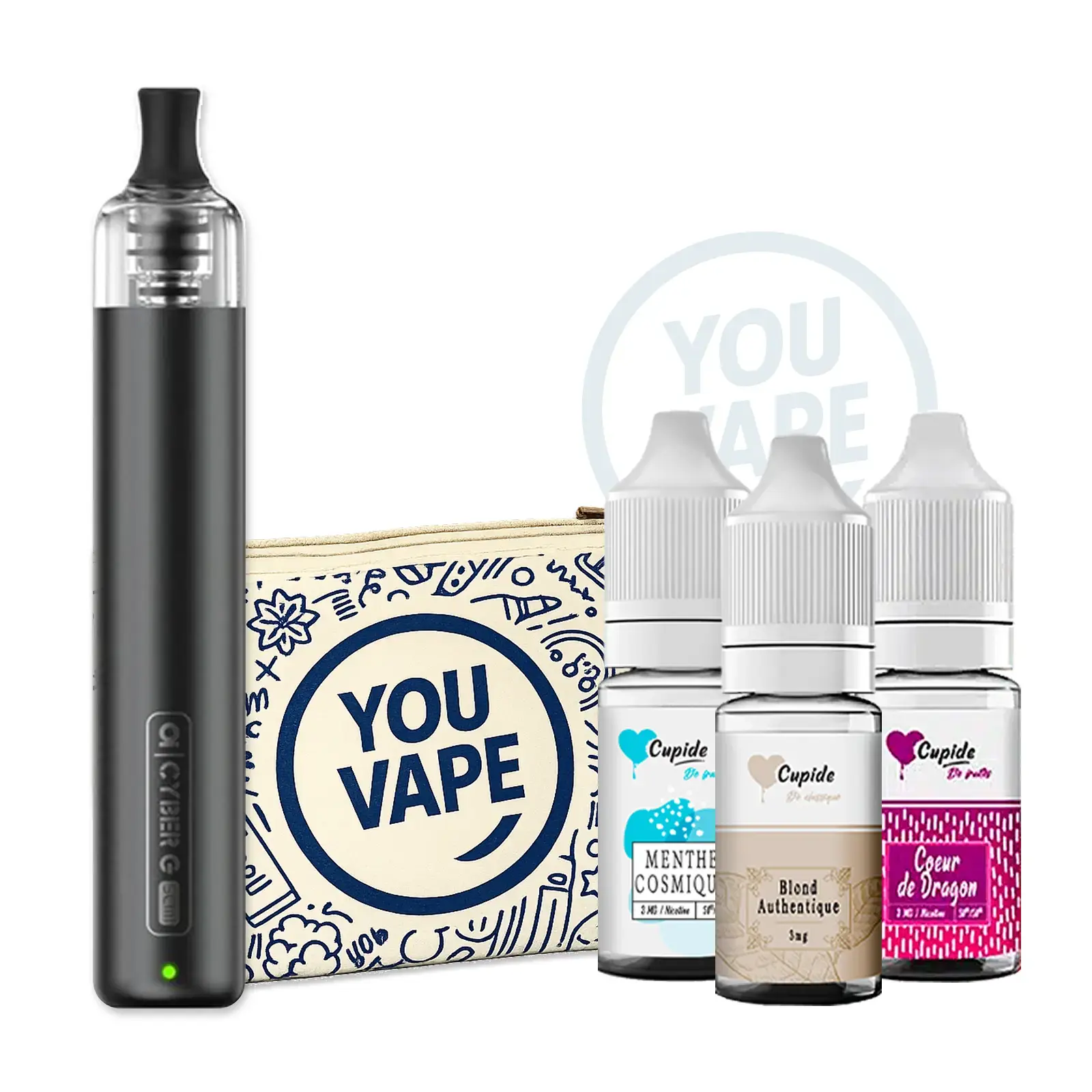 Pack Cigarette électronique Novice Cyber G Slim DTE Jet + 3 e-liquides Cupide