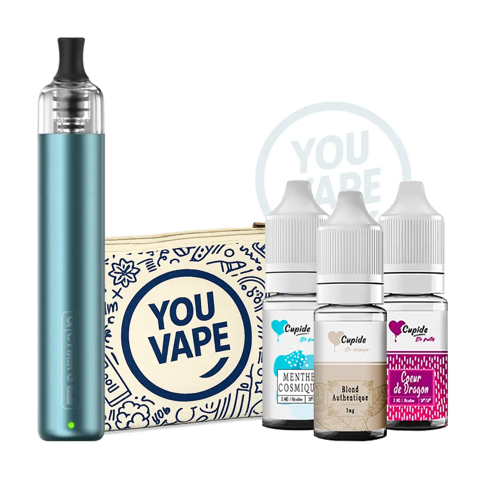 Pack Cigarette électronique Novice Cyber G Slim DTE Teal + 3 e-liquides Cupide