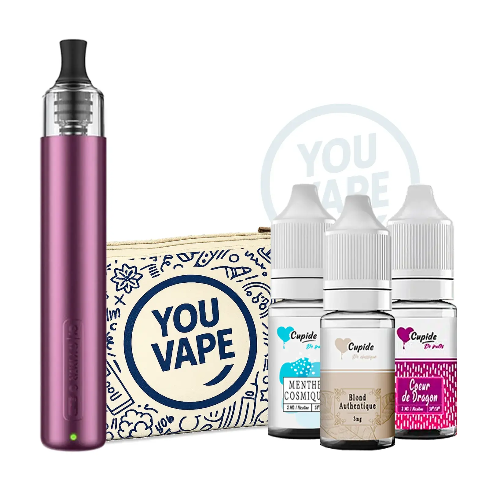 Pack Cigarette électronique Novice Cyber G Slim DTE Purple + 3 e-liquides Cupide