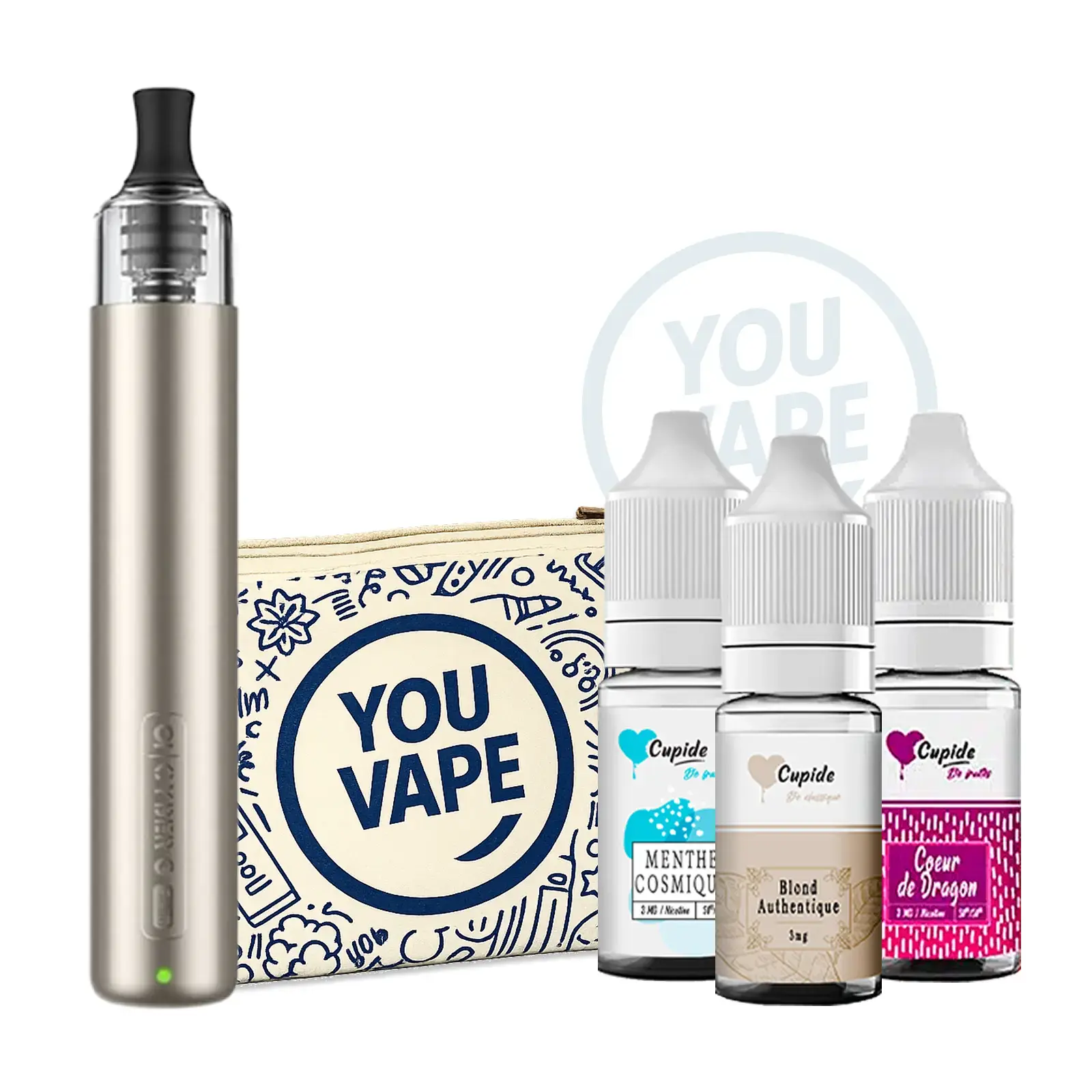 Pack Cigarette électronique Novice Cyber G Slim DTE Champagne + 3 e-liquides Cupide