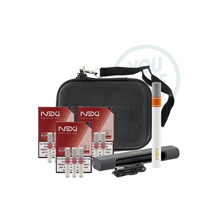 E-Cigarette Nexi One de Aspire avec 3 packs de 3 cartouches 12mg/ml, une sacoche de rangement et un câble USB-C