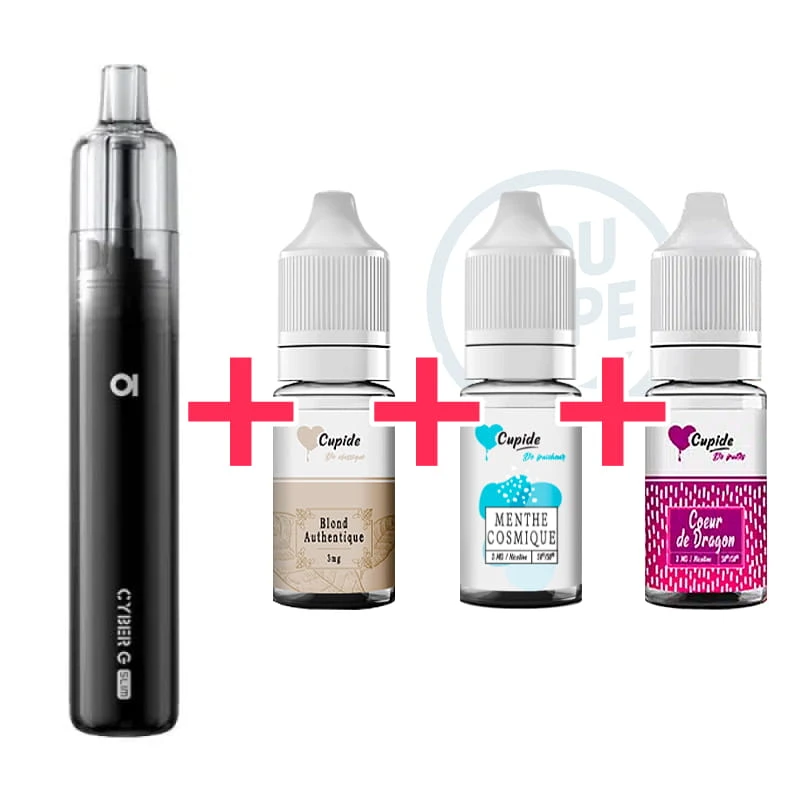 Pack Cigarette électronique Novice Cyber G Slim Black + 3 e-liquides Cupide Blond Authentique, Menthe Cosmique et Coeur de Dragon