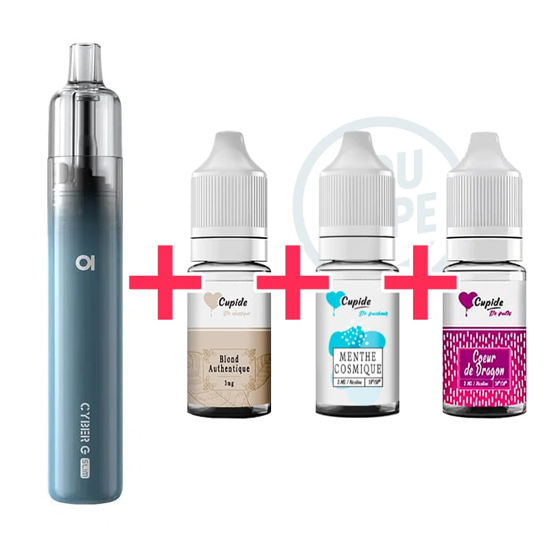 Pack Cigarette électronique Novice Cyber G Slim Graphite Blue + 3 e-liquides Cupide Blond Authentique, Menthe Cosmique et Coeur de Dragon