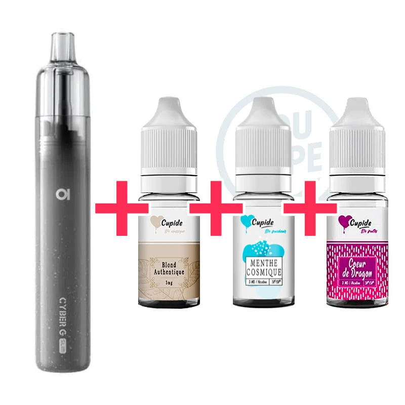 Pack Cigarette électronique Novice Cyber G Slim Grey + 3 e-liquides Cupide Blond Authentique, Menthe Cosmique et Coeur de Dragon