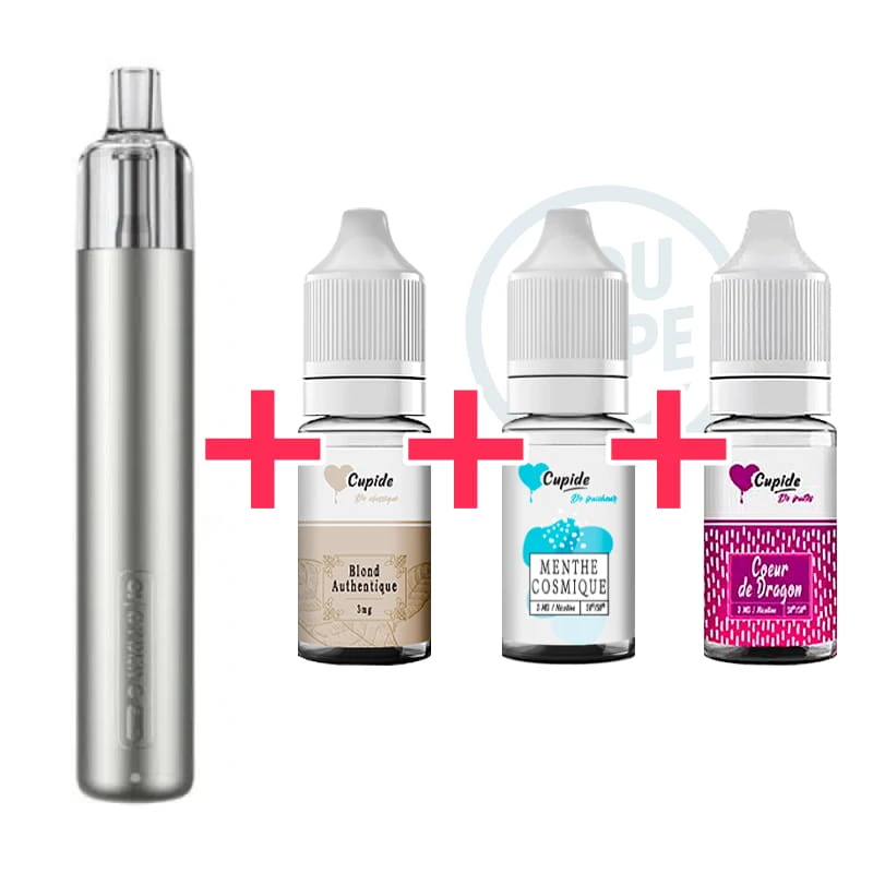 Pack Cigarette électronique Novice Cyber G Slim Metallic Champagne + 3 e-liquides Cupide Blond Authentique, Menthe Cosmique et Coeur de Dragon