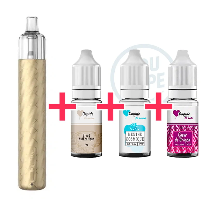 Pack Cigarette électronique Novice Cyber G Slim Metallic Gold + 3 e-liquides Cupide Blond Authentique, Menthe Cosmique et Coeur de Dragon