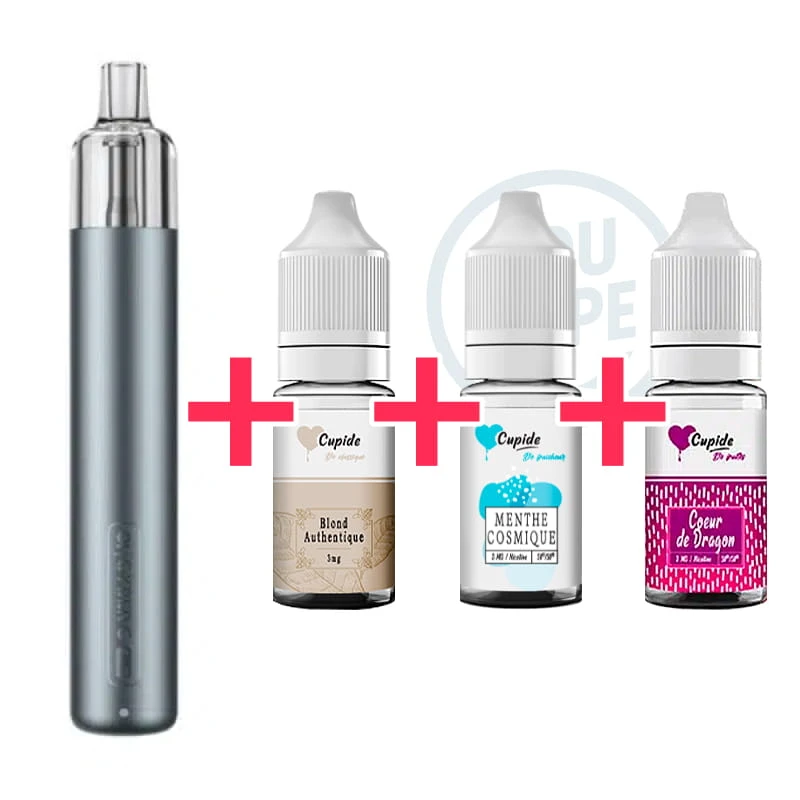 Pack Cigarette électronique Novice Cyber G Slim Metallic Grey + 3 e-liquides Cupide Blond Authentique, Menthe Cosmique et Coeur de Dragon