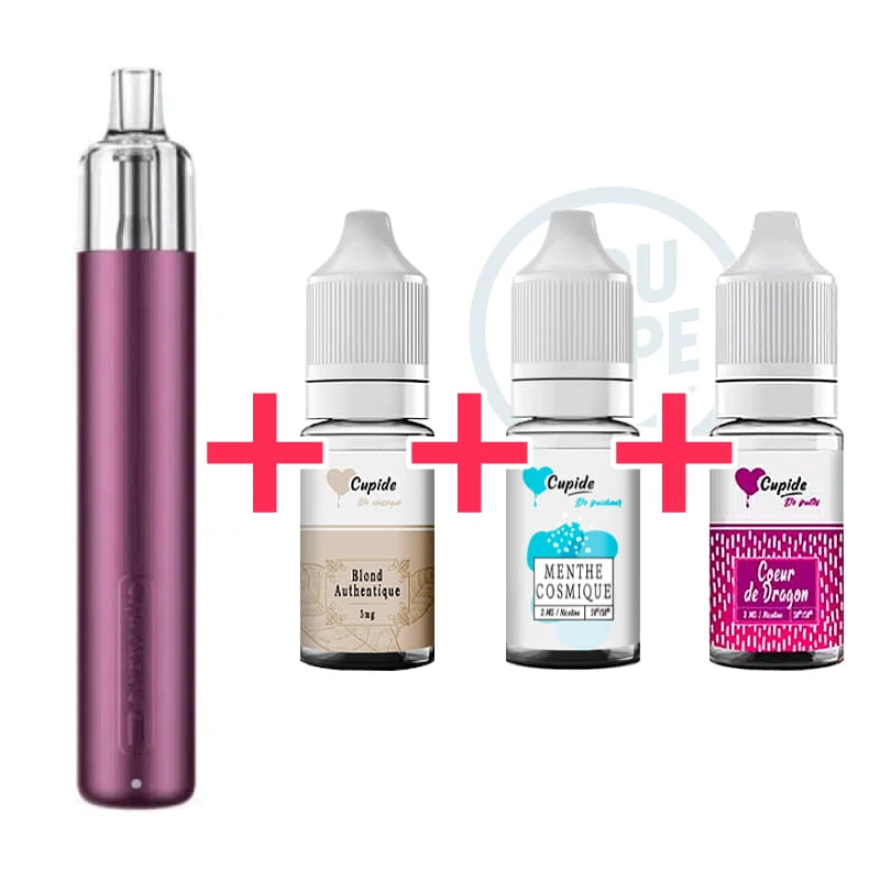 Pack Cigarette électronique Novice Cyber G Slim Metallic Purple + 3 e-liquides Cupide Blond Authentique, Menthe Cosmique et Coeur de Dragon