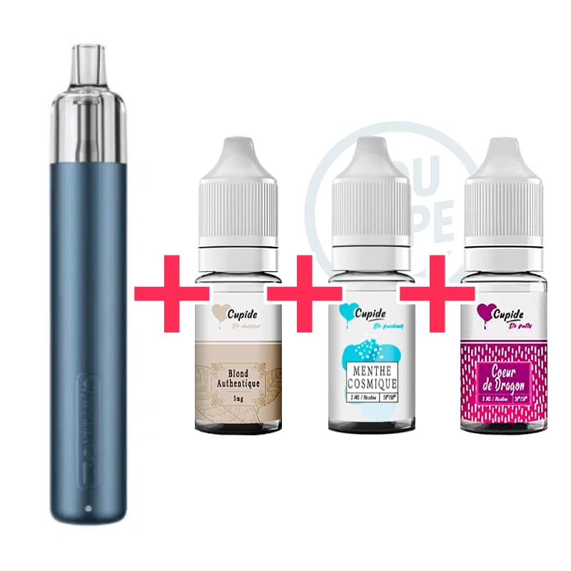 Pack Cigarette électronique Novice Cyber G Slim Metallic State Blue + 3 e-liquides Cupide Blond Authentique, Menthe Cosmique et Coeur de Dragon