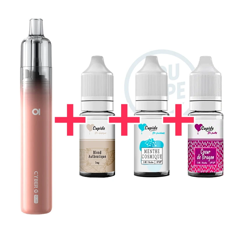 Pack Cigarette électronique Novice Cyber G Slim Sakura Pink + 3 e-liquides Cupide Blond Authentique, Menthe Cosmique et Coeur de Dragon