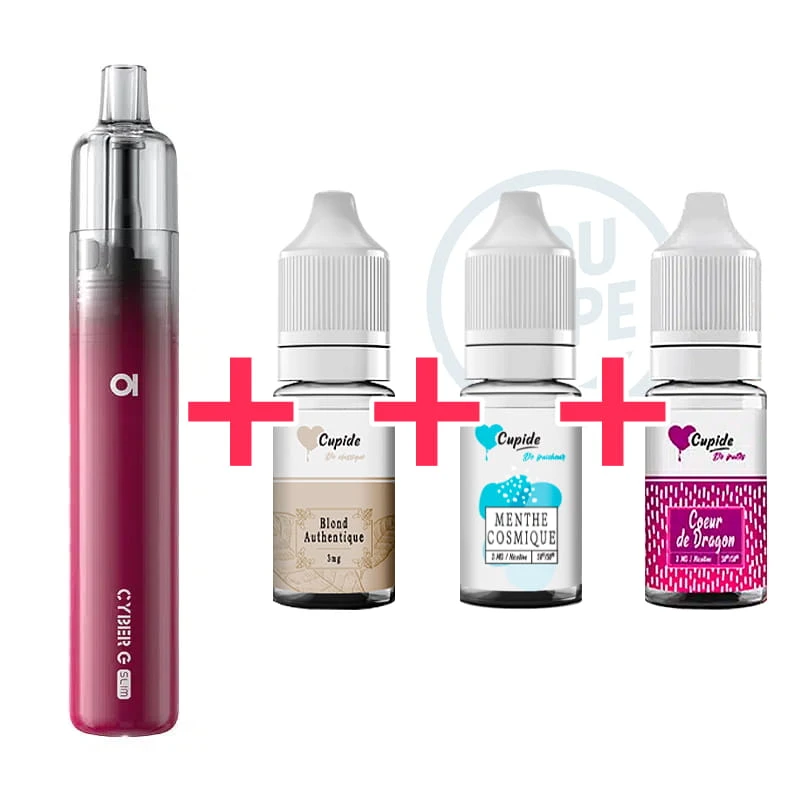 Pack Cigarette électronique Novice Cyber G Slim Violet Red + 3 e-liquides Cupide Blond Authentique, Menthe Cosmique et Coeur de Dragon