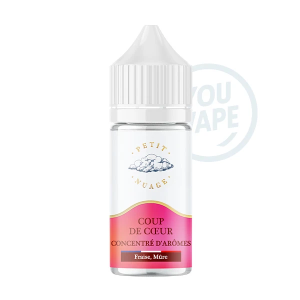 L'arôme concentré Coup de Coeur 30ml de Petit Nuage est un mélange fruité et frais à base de fruits rouges dans lequel vous retrouverez des saveurs de fraises, framboises, mûres et cassis.