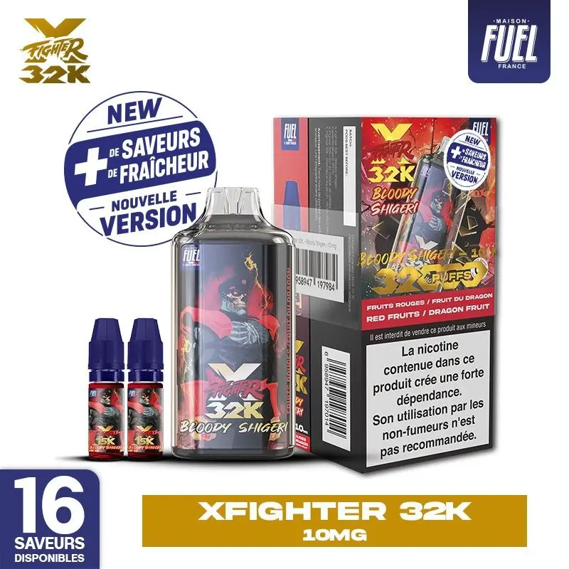 Nouvelle Version
+ de Saveurs + de Fraîcheur
Fruit de la collaboration entre Maison Fuel et Aspire, le X-Fighter 32K revient dans une version V2 améliorée pour une expérience encore plus aboutie. Ses arômes boostés, sa fraîcheur renforcée et son étanchéité optimisée en font une évolution majeure du dispositif.
Toujours équipé d’un e-liquide 100 % français premium, il associe performance et fiabilité avec une batterie de 1000 mAh, un écran avec indicateur de batterie, un réservoir visible 2 + 20 ml et une sécurité enfant avec bouton ON/OFF