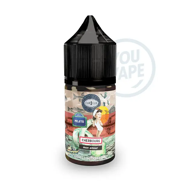 Le concentré Cherbourg Mon Amour 30ml de Curieux est une saveur type Mojito avec des feuilles de menthe, de la cassonade et du citron vert.