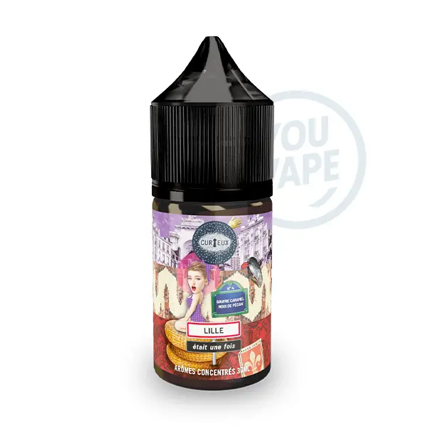 Le concentré Lille Était Une fois 30ml de Curieux est une saveur de gaufre, de caramel et de noix de pécan.