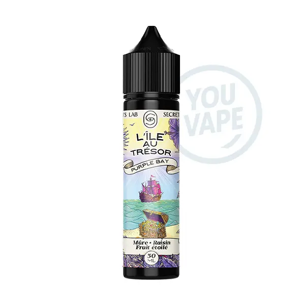 Le e liquide Purple Bay 50ml de la gamme L'Île au Trésor de Secret's Lab est une saveur de mûre, de raisin et de fruit étoilé sans aucune fraîcheur.