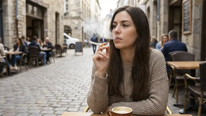 Jeune femme vapotant avec sa Nexi Two en terrasse