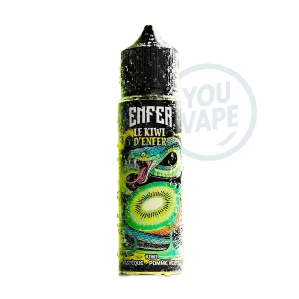 Le e liquide Le Kiwi d'Enfer 50ml de la gamme Enfer par Vape 47 est une saveur de kiwi jaune, de citron vert et de granité à la pomme verte extrêmement frais.