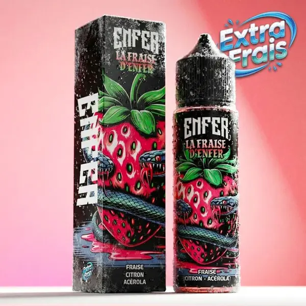 Le e liquide La Fraise d'Enfer 50ml de la gamme Enfer par Vape 47 est une saveur de fraise glacée, agrémentée d'un citron zesté et de baies d'acerola.
