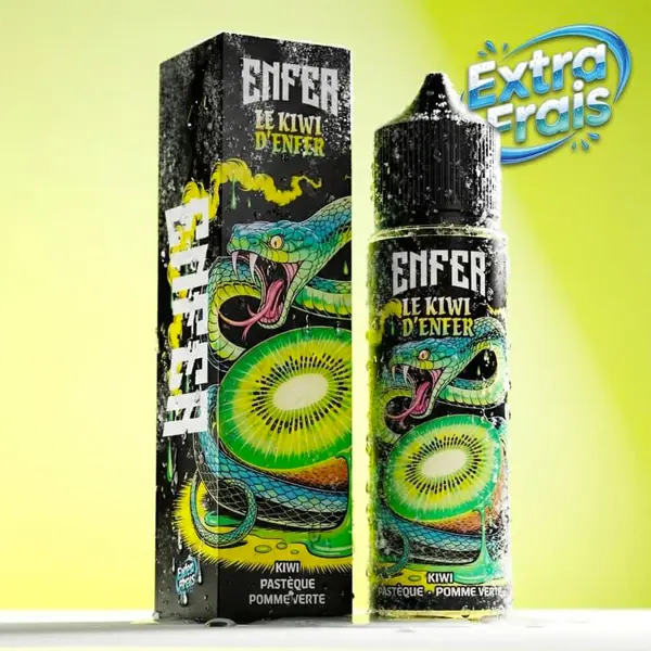 Le e liquide Le Kiwi d'Enfer 50ml de la gamme Enfer par Vape 47 est une saveur de kiwi jaune, de citron vert et de granité à la pomme verte extrêmement frais.