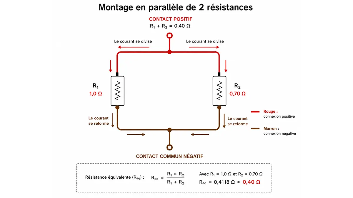 Montage en parallèle des résistances de 1 et 0,7 ohm donnant 0,4 ohm