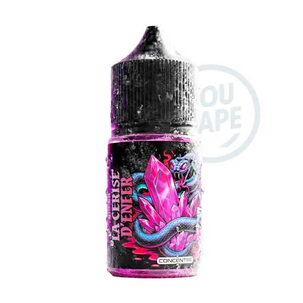 Le concentré La Cerise d’Enfer 30 ml de la gamme Enfer par Vape 47 associe des arômes de cerise, de grenade et de framboise noire à une fraîcheur prononcée.