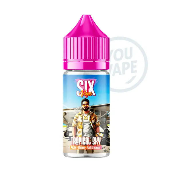 L'arôme concentré Tropical Sky 30ml de Six Vape propose des saveurs de pêche, de mangue et de fruits tropicaux.
